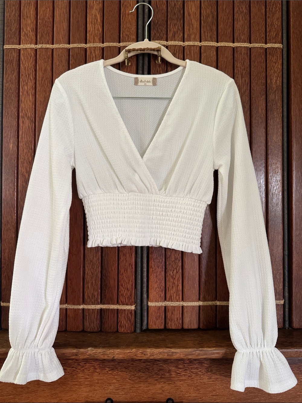 Altar’d StRw Women's WhiteSmocked-Waist Long Sleeve Wrap Top